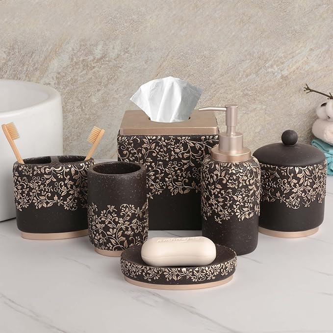 6-Piece Bathroom Accessories Set – Soap Dispenser, Toothbrush Holder, Tumbler, Soap Dish, Cotton Swab Jar & Toilet Brush – Modern Bathroom Decor Set (Stella)