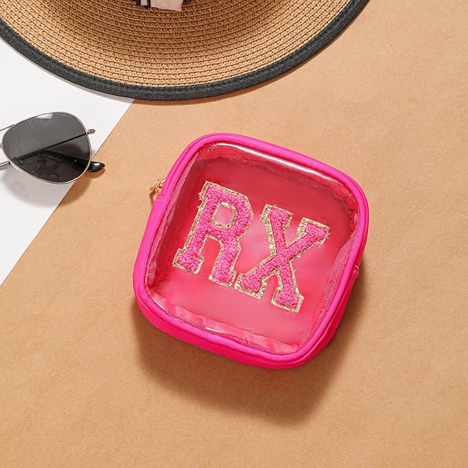 Small Chenille Letter Clear Medicine Makeup Bags,Nylon PVC Waterproof Rx Pouch with Metal Zipper, Cute Drug First Aid Travel Organizer for Women Girls(02Hot Pink)
