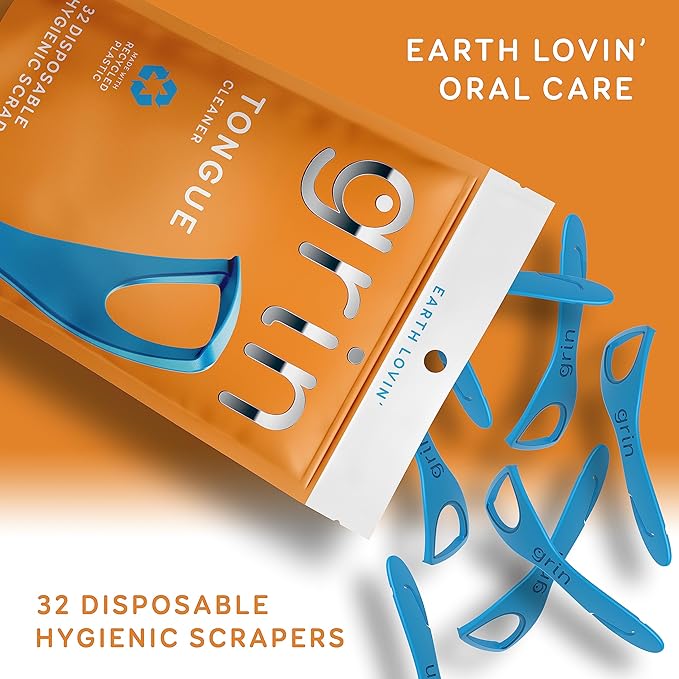 GRIN Tongue Cleaner, 32 Count, Disposable Tongue Cleaner, Hygienic Scraper, Recycled Plastic, Clean Tongue, Promote Fresh Breath, Includes Safe Fold- Back Tooth Pick (Pack of 2)