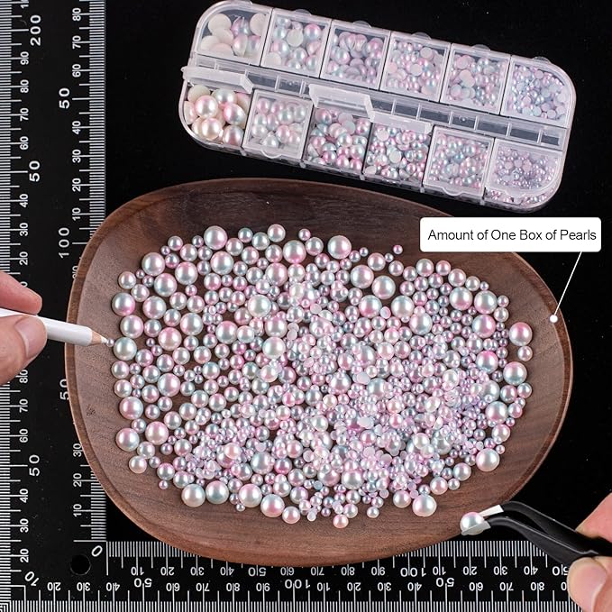 4000PCS Flatback Rhinestones and Half Round Pearls Kit #21, Multi Size Glass Clear Crystals, Plastic Flat Back Pink Mermaid Dome Bead with Pickup Pencil and Tweezer for Nail Art
