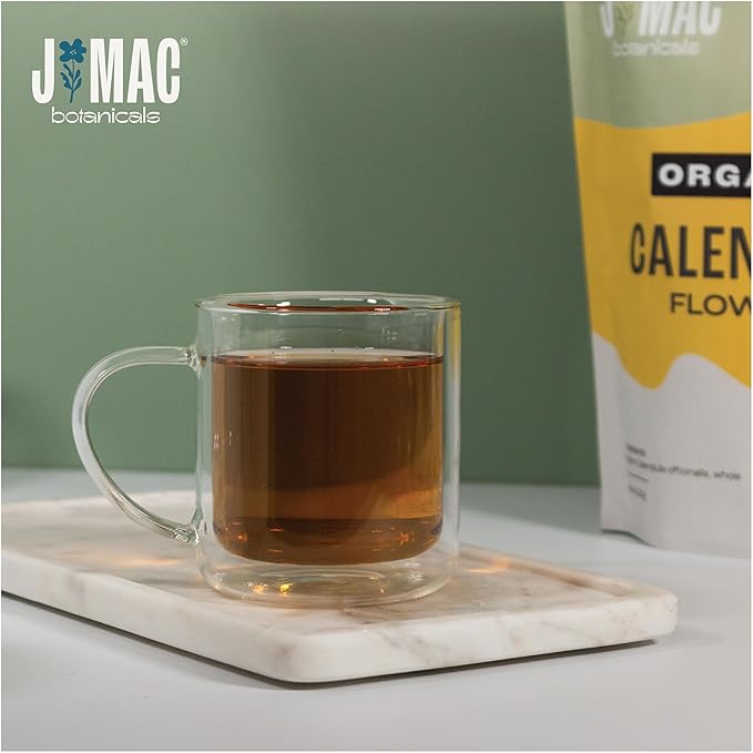 J Mac Botanicals, Organic Calendula Flower (4 ounce), whole dried flowers and petals, loose leaf tea, marigold flower, USDA Certified Organic. Great for loose leaf teas, cocktail bombs, salve
