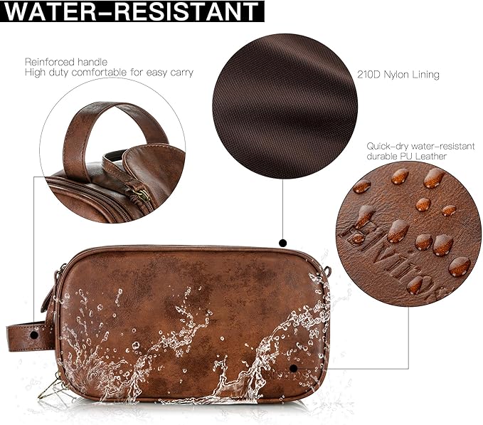 Elviros Travel Toiletry Bag Gift for Men，Mens Toiletries Bag Gifts Set Shaving Dopp Kit Water-resistant Bathroom Toiletries Organizer PU Leather Cosmetic Bags 2 Pack Dark Brown and Brown