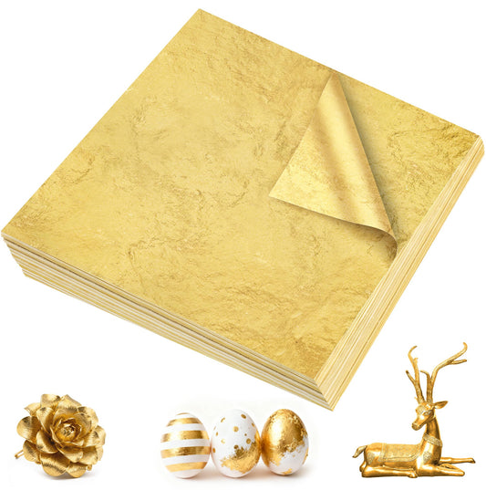 600Pcs Gold Leaf Sheets, 5.1"x5.1" Imitation Transfer Gold Leaf Sheets for Art, No Edible Glitter Gold Flakes Foil Paper Sheets for Nail Painting Jewelry Furniture Renovation & Gilding DIY Crafts