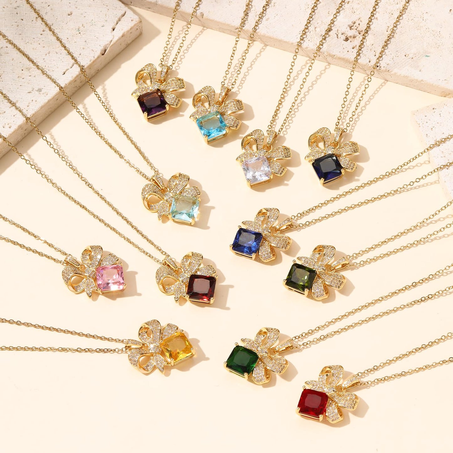 Pink Square Rose Quartz Bow Necklace for Women-Gold Plated October Birthstone Healing Crystal Vintage Necklace For Valentines Day Mother's Day Christmas Birthday Gifts