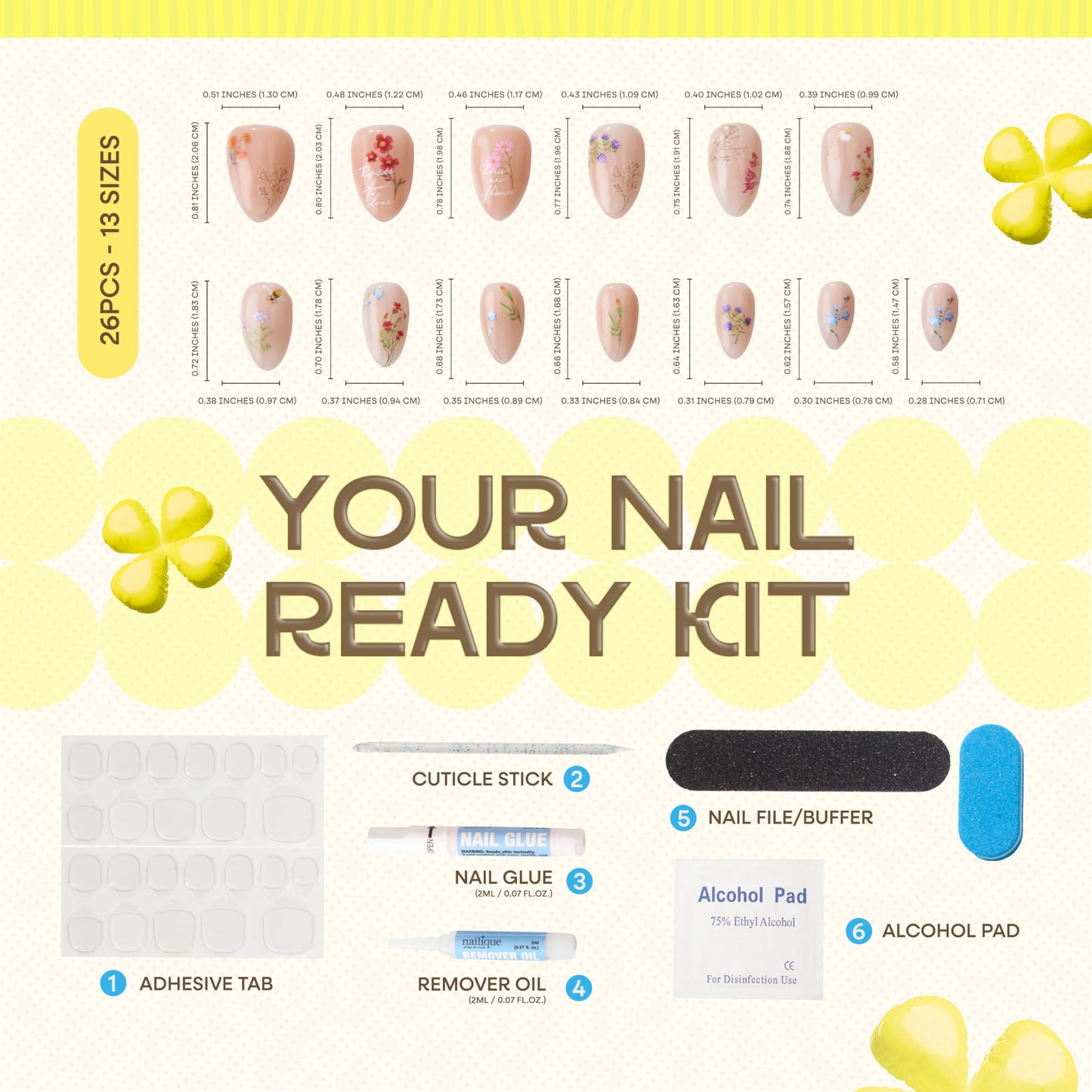 Nailique Press On Nails Short Almond – Handmade Soft Gel Nude Floral Flower Sticker Design, 26pcs Reusable Nail Tips with Glue & Remover, Salon Quality Spring Bridal Wedding Manicure