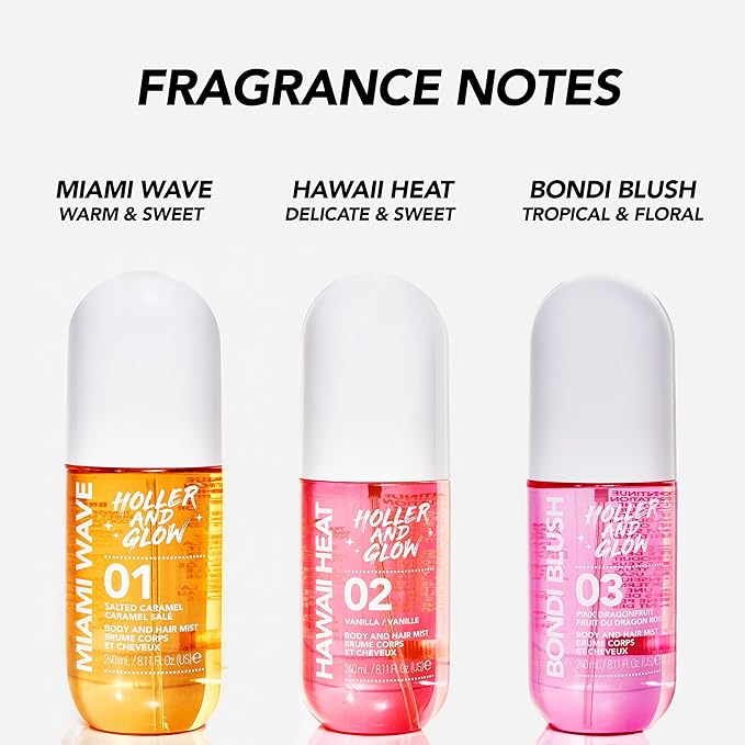HOLLER AND GLOW Bondi Blush Pink Dragonfruit Body & Hair Mist, Body Spray For Women, Hair Perfume For Women, Jasmine, Amber Scented, Floral & Tropical Fragrance Notes, 8.11 Fl Oz