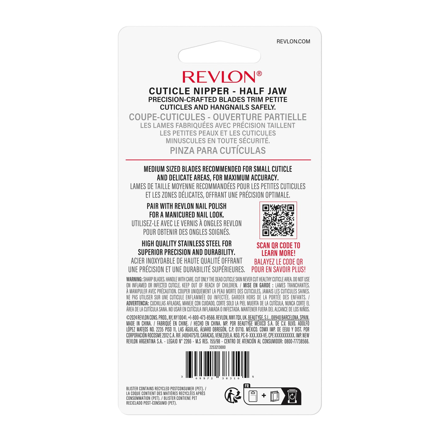 Revlon Half Jaw Cuticle Nipper, Manicure Tool for Nail Care, Hangnail Clipper, For More Precise Trims, Non-Slip Grip, Stainless Steel, 1 Count