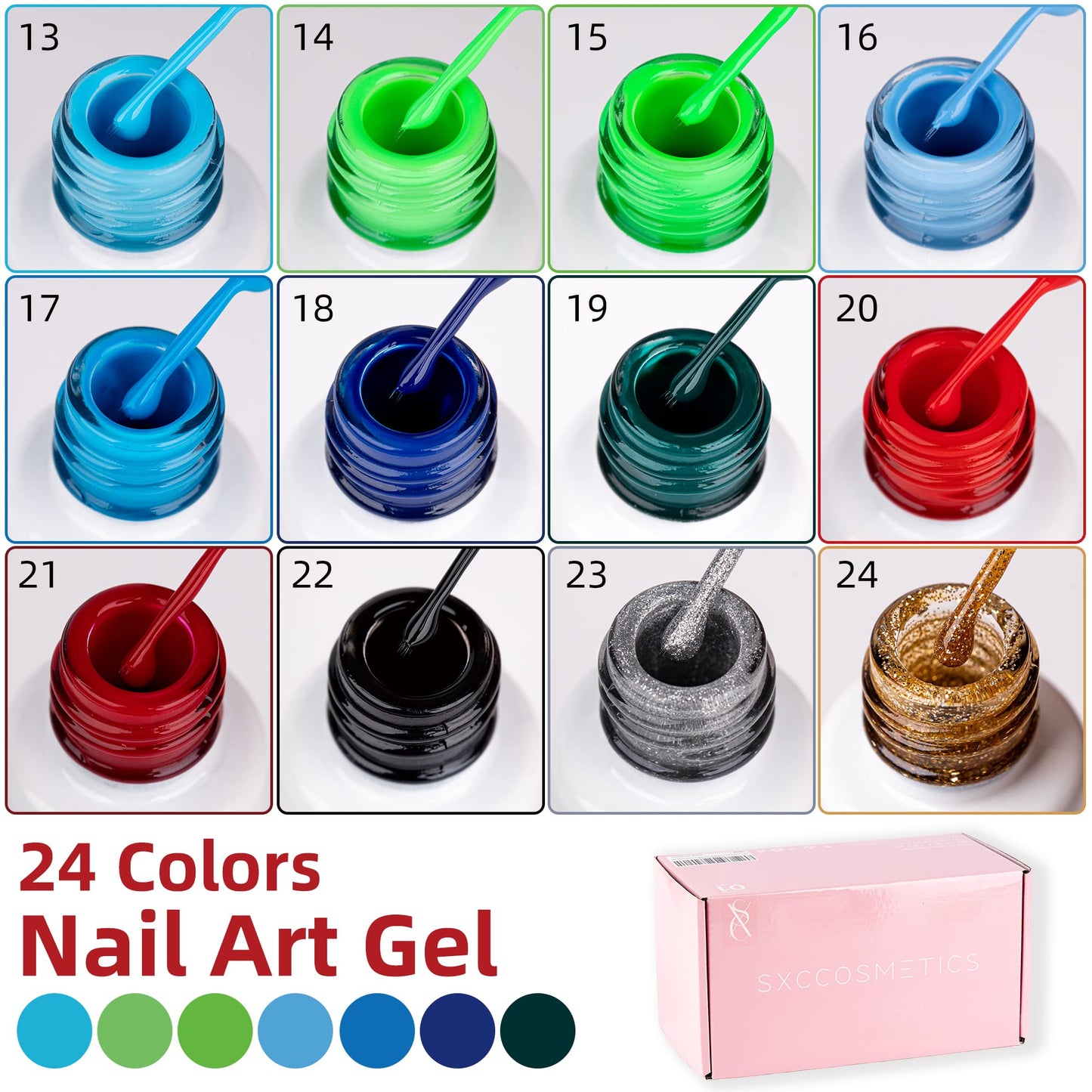SXC Cosmetics 24-Color Gel Liner Set for Nail Art - With Built-in Thin Brush for Swirl Nail Designs and Soak-Off Gel Polish