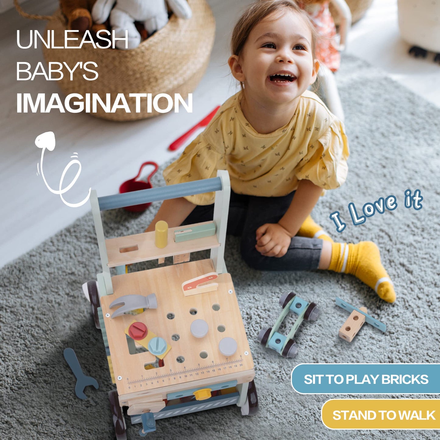 2-in-1 Baby Push Walker - Wooden Push Walker and Tool Toy for Babies - Toddler Learning Activity Walker for Girls Boys 1-3 Years - Educational and Sturdy Construction