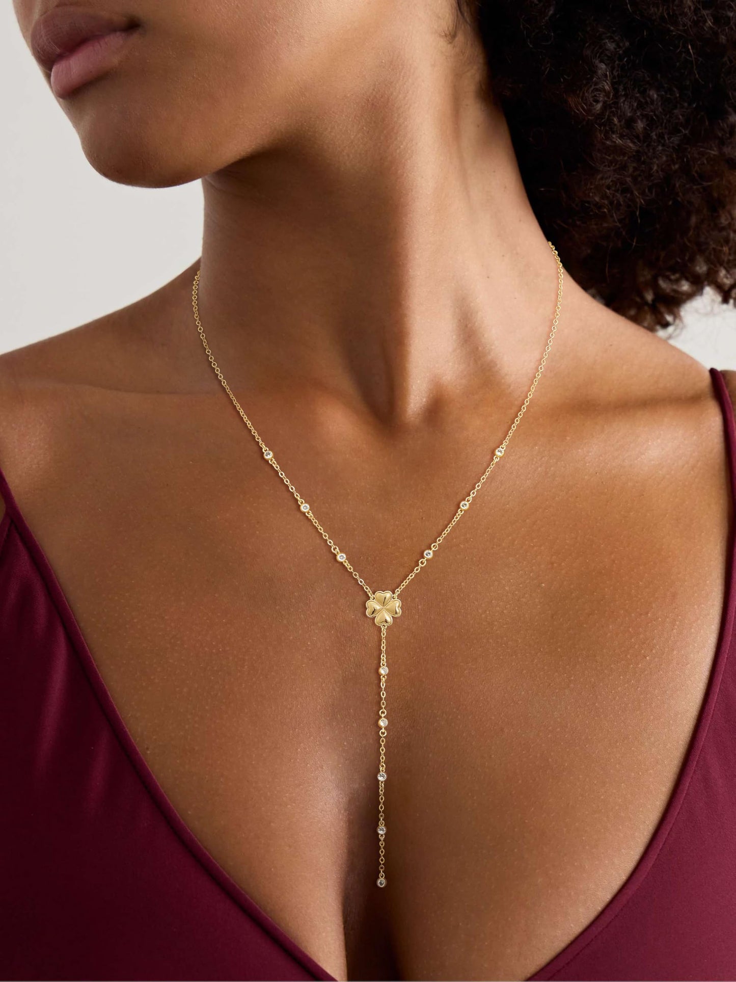 CHESKY Lariat Gold Necklace for Women, Dainty Long Necklace 14k Gold Plated Y-Shaped Pendant Necklace Trendy CZ Beaded Chain Four Leaf Drop Necklaces Gold Jewelry for Women Gifts