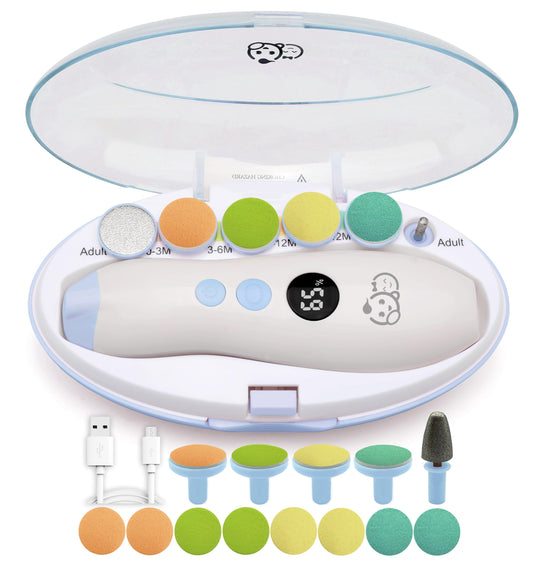 Royal Angels Rechargeable 22 in 1 Baby Nail Trimmer with LCD Display, Labeled Case, 13 Extra Pads, 4 Speed Settings, Safe Quiet LED Light Electric Baby Nail File Kit for Newborns Toddlers (WhiteBlue)