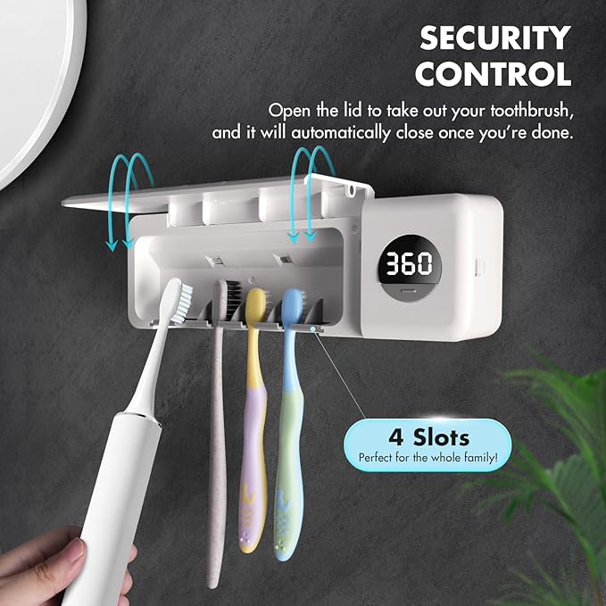 Sanitizeri Toothbrush Holder, Sanitizeri Toothbrush Cleaner, 2000mAh Rechargeable Cordless Wall Mounted Holders for Bathroom, 4 Slots & Timer Function, Ivory