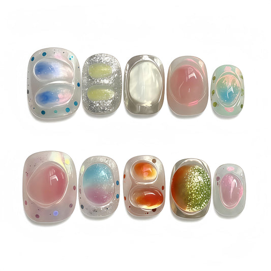 Fine Point Handmade Salon-Quality Fake Nails, Short Press On Nails with 3D Jelly Glitter Design, Acrylic Nails in Pastel Colors, Squoval Candy Tips, Iridescent Y2K Style (Size Large)
