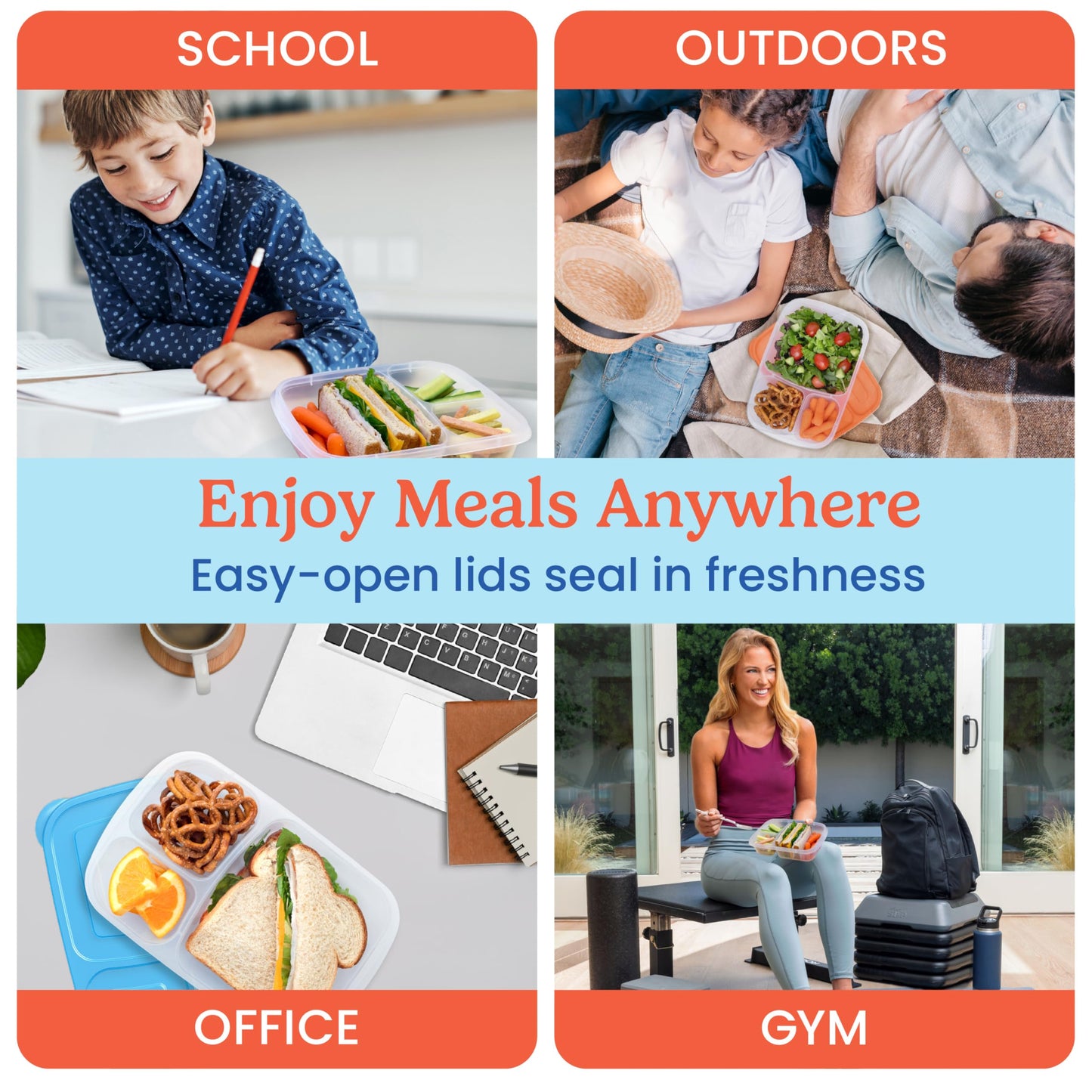 Bentgo Easyboxes - Original Stackable Lunch Boxes - Reusable 3-Compartment Food Containers for Kids and Adults - Bento Lunch Box for Meal Prep, School, & Work - BPA Free, Set of 4 (Classic)