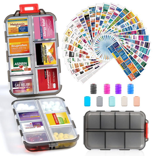 14 Grids Travel Pill Organizer Box with 415-Pcs Medicine Name Labels - Pocket Daily Pharmacy Case Container Kit - Travel Medication Holder Dispenser for Fish Oil Vitamin Supplement Storage -Clear Grey