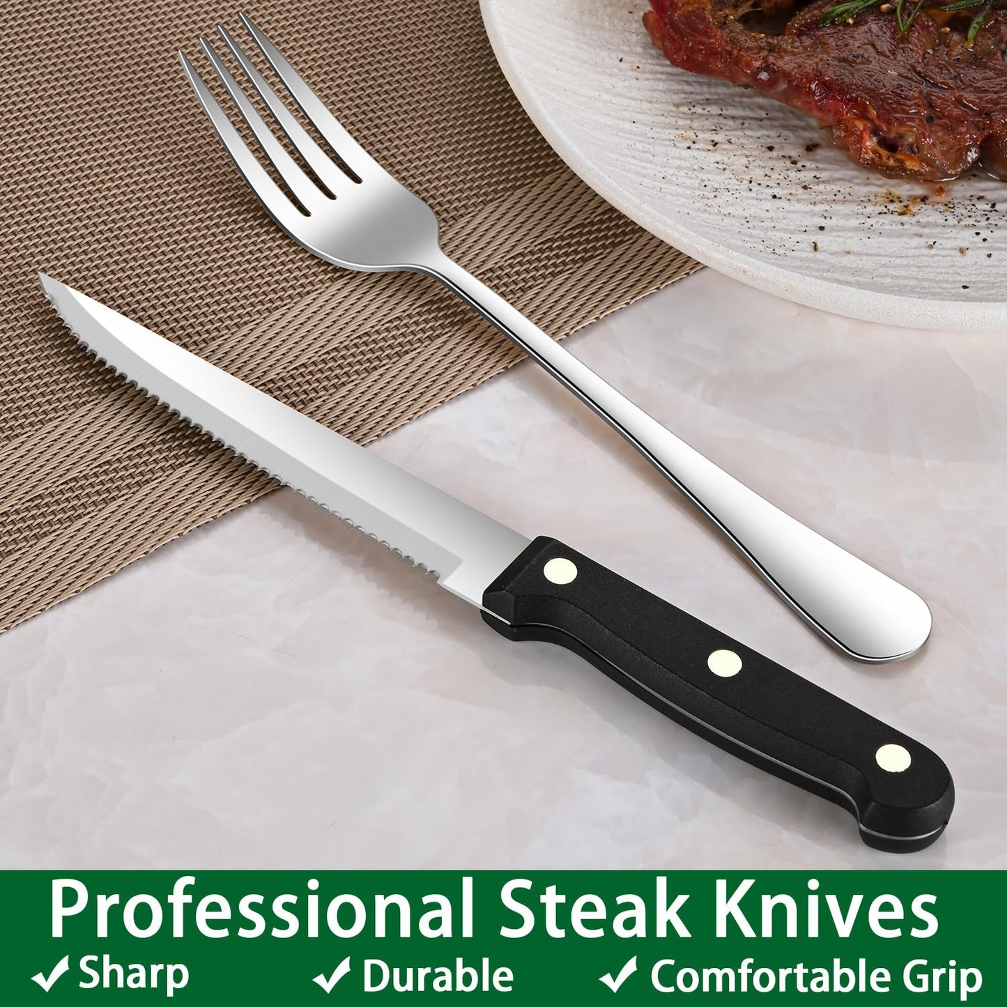 24-Piece Silverware Set with Steak Knives,Flatware Set Service for 4 Person, Food-Grade Stainless Steel Cutlery Set,Includes Knife Spoon And Fork, Mirror Finished Utensil Sets for Home Restaurant