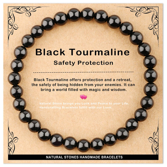 AD Beads 6mm Handmade Black Tourmaline Elastic Bracelet – Natural Gemstone for Safety Protection – Meditation, Yoga, Healing and Energy Gift for Men Women