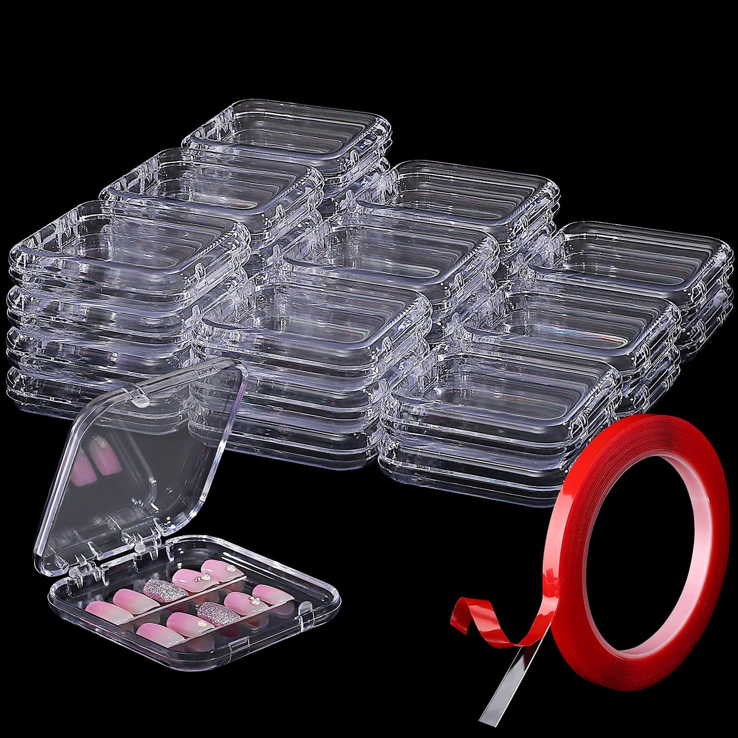 Noverlife 27 Set Press-On Nail Packaging Display Box w/ Adhesive Tape, 3x3" Clear Fake Nail Storage Container