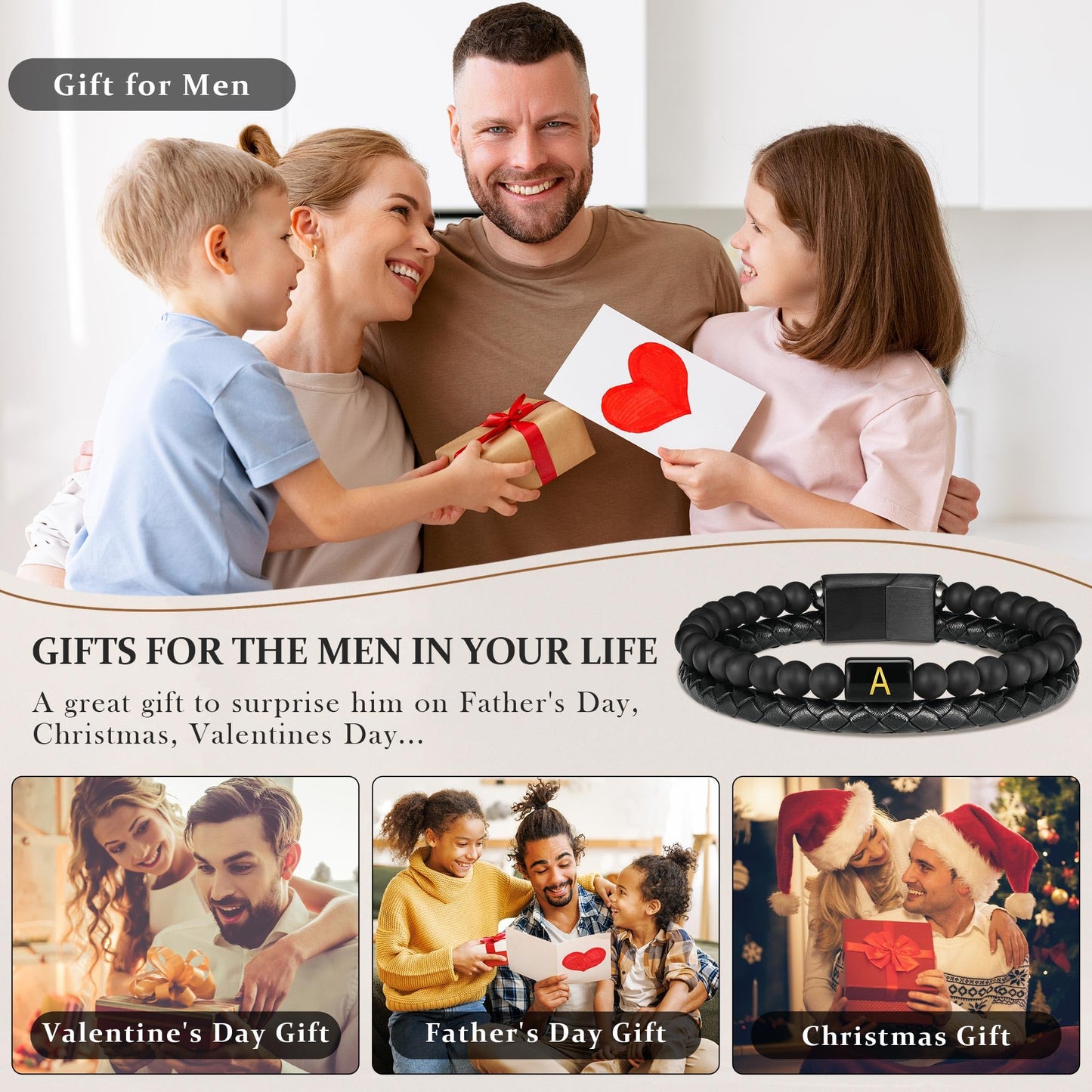 FOCOOG Gifts for Mens Bracelet - Men Gift Leather Bracelets for Men with Initial Matte Agate Bead Magnetic Clasp Leather Men's Initial L Bracelet for Men's Jewelry Mens Gifts for Dad Husband