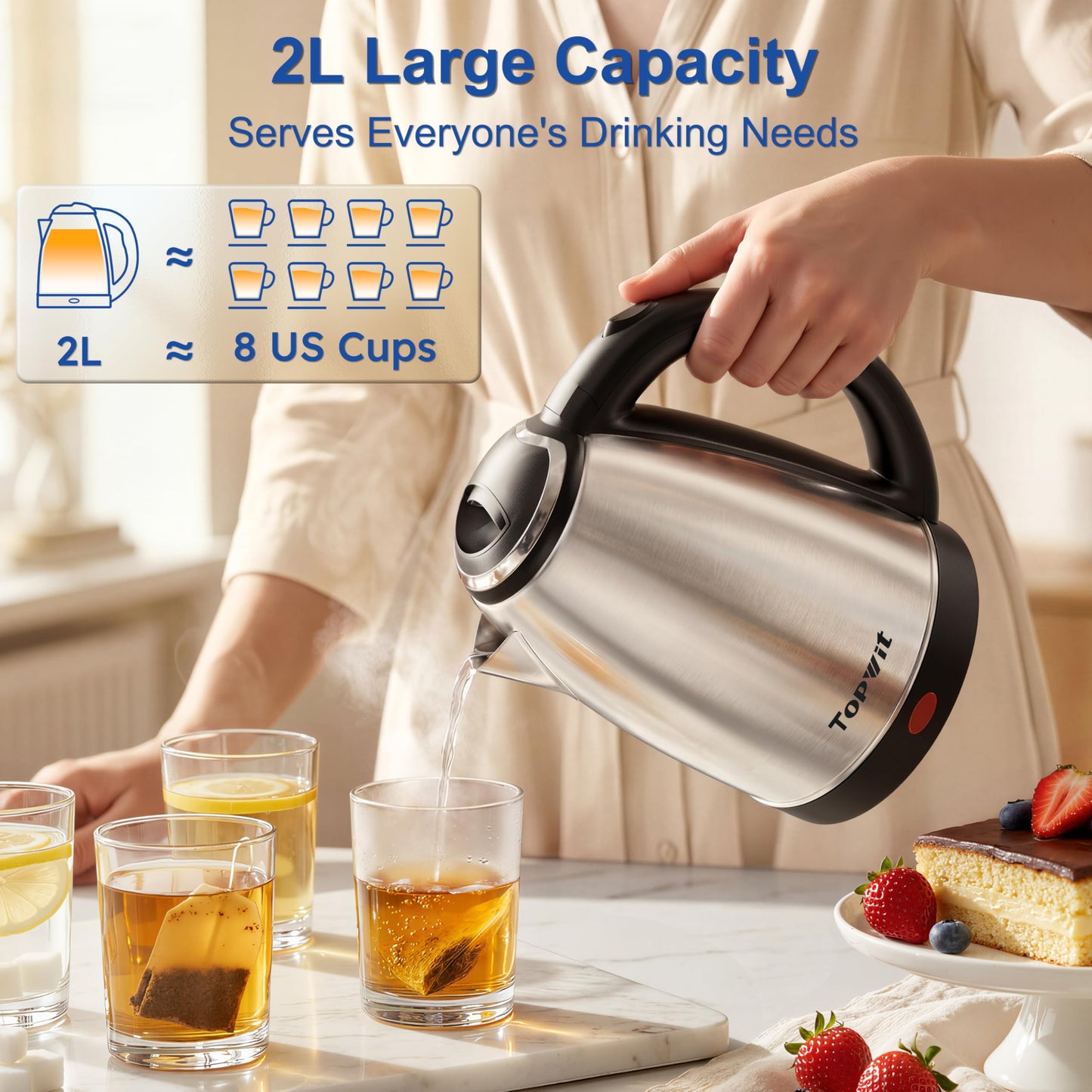 TOPWIT Electric Kettle, 2.0L Hot Water Kettle Electric, BPA-Free Stainless Steel Tea Kettle, Electric Kettles for Boiling Water with Fast Boil, Auto Shut-Off & Boil Dry Protection, Silver