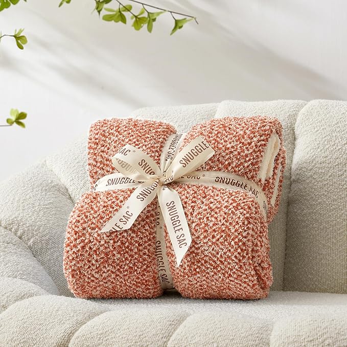 Snuggle Sac Orange Fall Blanket Twin Size, Oversized Soft Warm Cozy Knit Bedding Blanket, Luxurious Microfiber Blankets for Bed, Orange, 60x80 inches