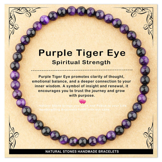 AD Beads 4mm Handmade Purple Tiger Eye Elastic Bracelet – Natural Gemstone for Peace and Tranquility – Meditation, Yoga, Healing and Energy Gift for Men Women