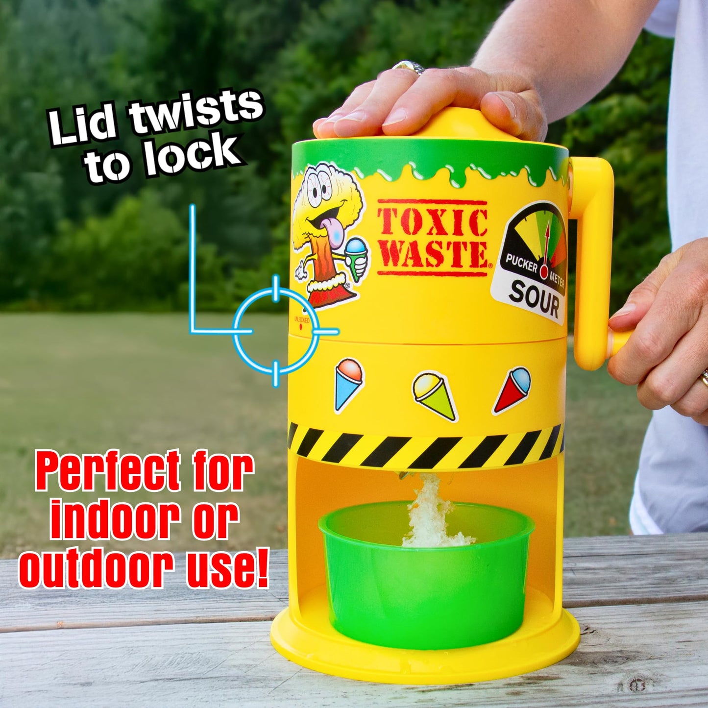 TOXIC WASTE Sour Snow Cone Bundle – Mini Manual Ice Shaver Machine bundled with 3 Bold Syrups (Cherry, Blue Razz, Green Apple) – No Electricity Needed, DIY Stickers, Cups Included – Fun for Kids & Par