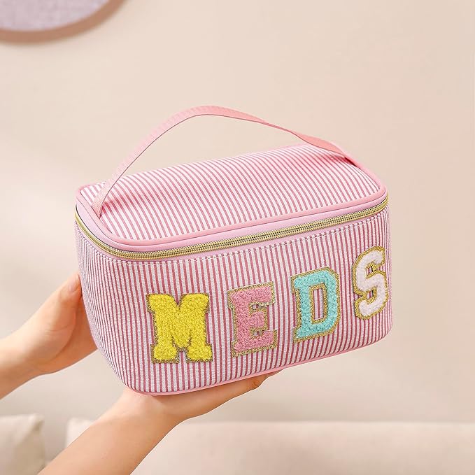 Chenille Letter MEDS Makeup Bag,Large Size Striped Medicine RX Cosmetic Bag with Top Handle, Aesthetic Seersucker First Aid Travel Organizer Bag for Women Girls(03Purple)