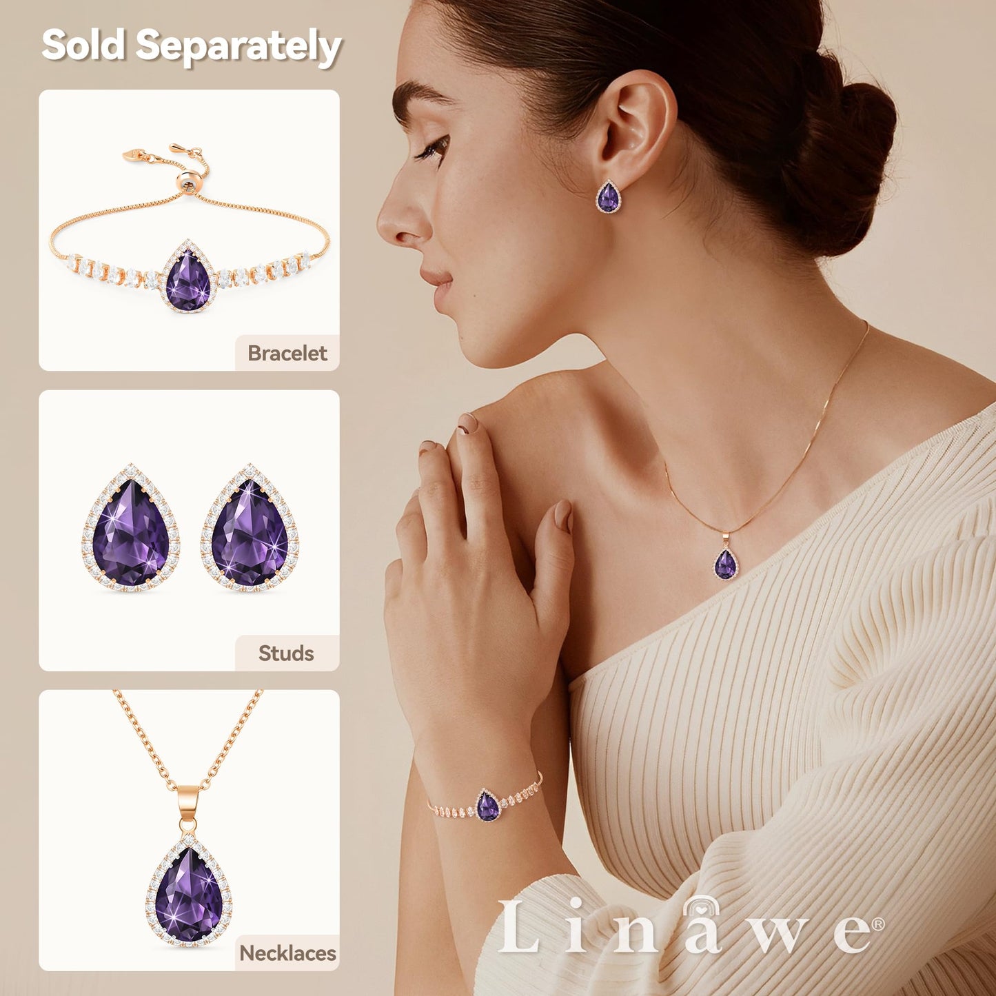 Linawe Lab Created Amethyst Crystal Chain Necklace for Women Trendy Rose Imitation Gold Plated, Purple Imitation Diamond Cubic Zirconia Rhinestone Birthstone Pendant Necklace