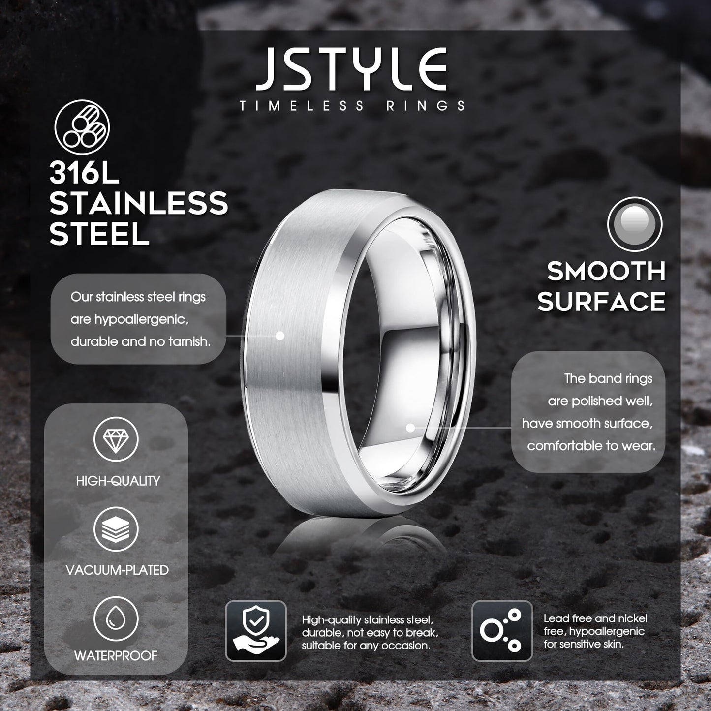 Jstyle Stainless Steel Rings for Men Women 8MM Wedding Band Rings Matte Surface - Beveled Polished Edge Mens Ring Size 8.5 Silver Plated Ring for Men
