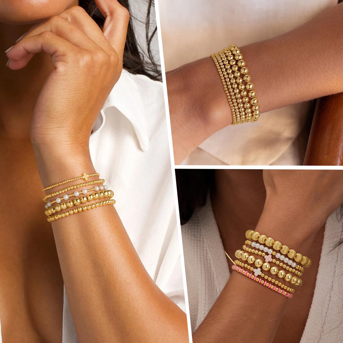 Yoosteel Gold Beaded Bracelets Set for Women - 14k Gold Plated Dainty Round Beaded Strip Bracelet for Women Simplicity Stackable Jewelry Gifts（5 Pcs）