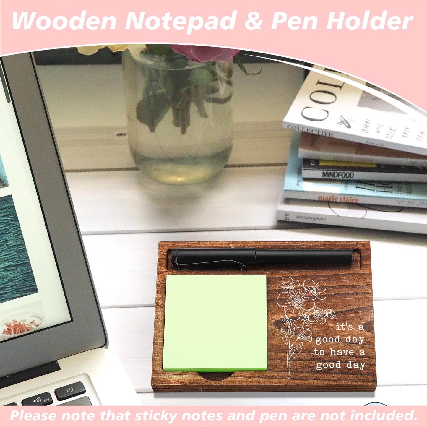 CINRLLA Sticky Note Holder Wooden Notepad & Pen Holder 6.5"" x 4.7"" Sticky Note Pad Holder Dispenser for Desk Work Motivational Gifts, NPA193, Brown