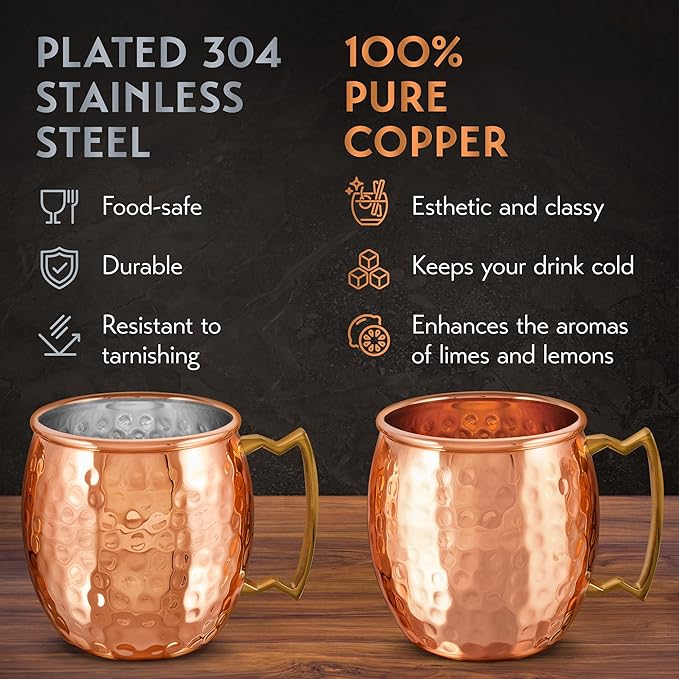 Gift Set Moscow Mule Mugs Set of 4 16 oz Copper Plated Stainless Steel 4 Straws 4 Coasters Jigger Shot Glass Stirring Spoon, Cleaning Brush