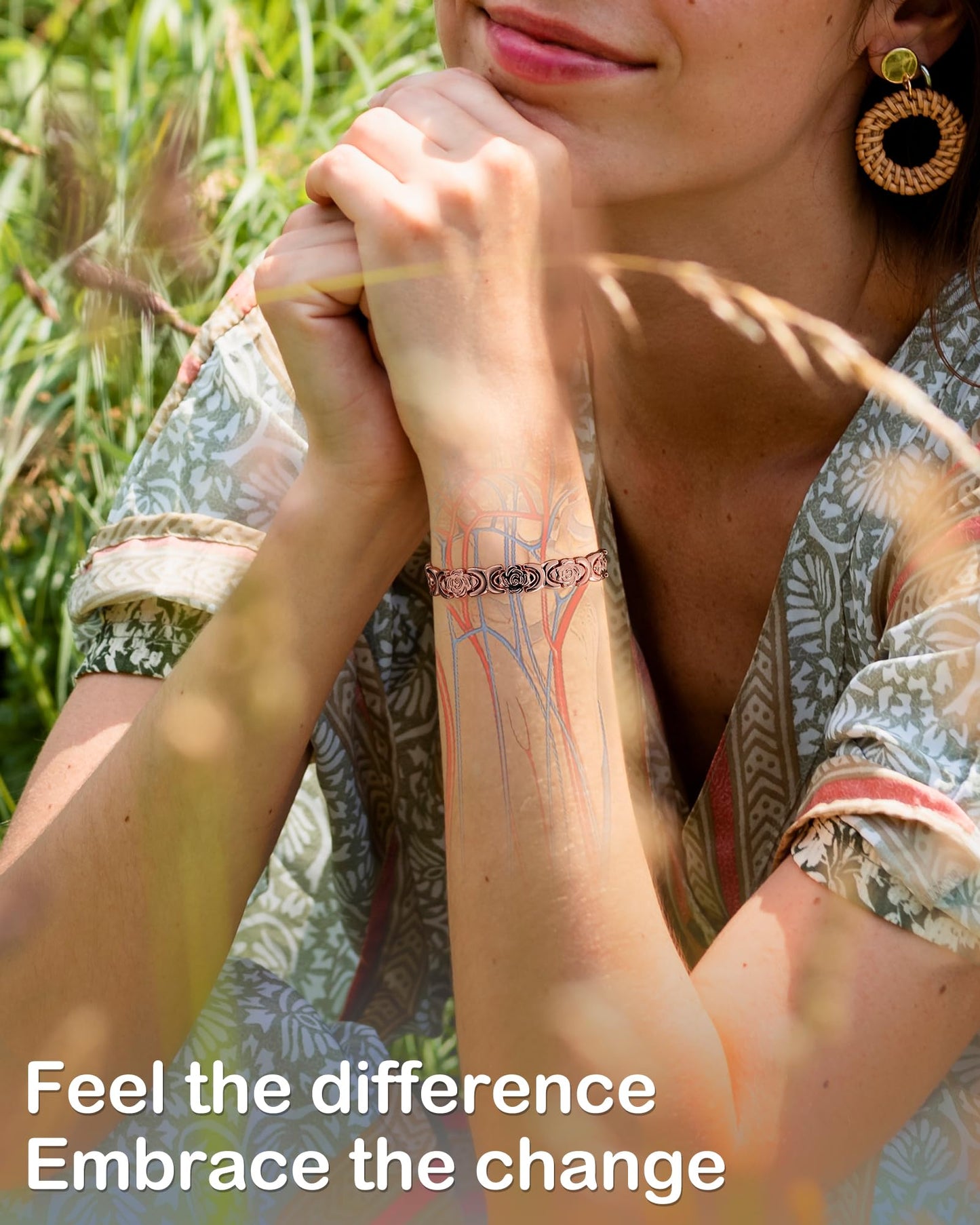 Feraco Pure Copper Bracelets for Women, Ultra Strength Magnetic Bracelet for Women with 3800 Gauss Magnet, Adjustable Flower Real Copper Jewelry Gift with Infinite Rose-Engraved (Rose Gold)
