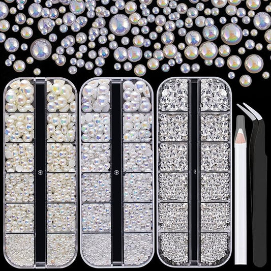 4000PCS Flatback Rhinestones and Half Round Pearls Kit #16, Multi Size Glass Clear Crystals, Plastic Flat Back White AB & Beige AB Dome Bead with Pickup Pencil and Tweezer for Nail Art