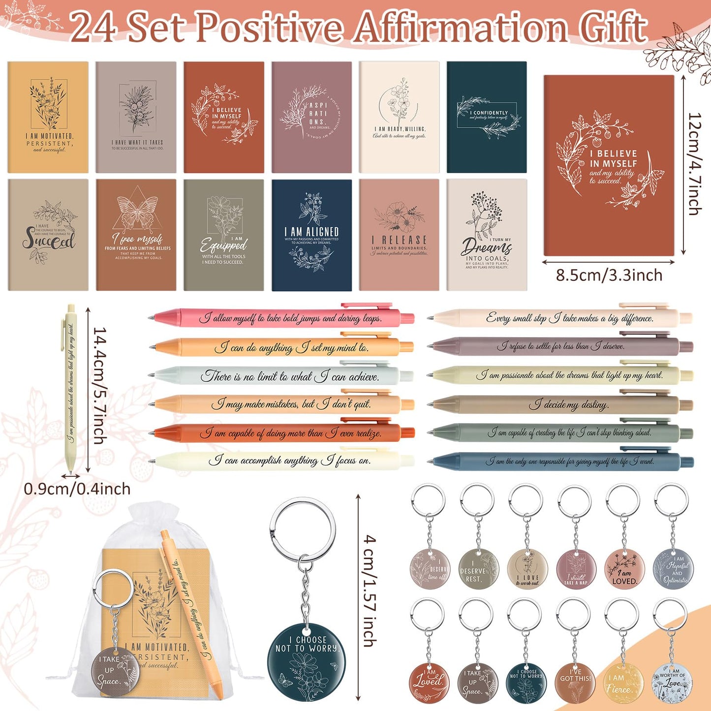 Mooliwe 24 Set Positive Affirmation Gift Set Gratitude Notebooks with Pens Acrylic Keychains Small Bags Motivational Notepads for Women Coworkers Christmas Adults Party Favors (Vibrant)
