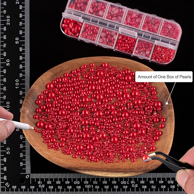 4000PCS Flatback Rhinestones and Half Round Pearls Kit #13, Multi Size Glass Clear & AB Crystals, Plastic Flat Back Red Dome Bead with Pickup Pencil and Tweezer for Nail Art