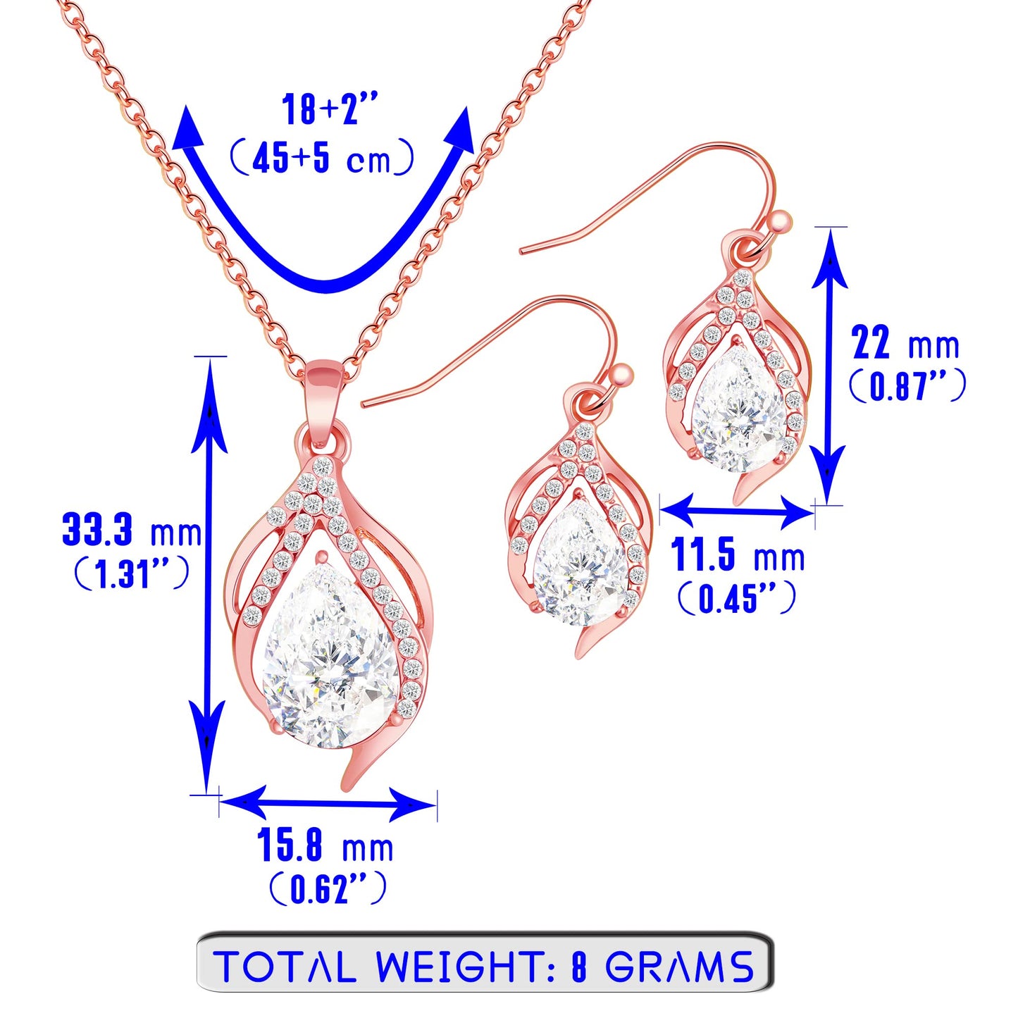 OTTFF Dainty Bridesmaid Jewelry Set for Women 1 Set Rose Gold Plated Pave Rhinestone With Crystal Necklace Earrings Set for Wedding/Engagement/Anniversary