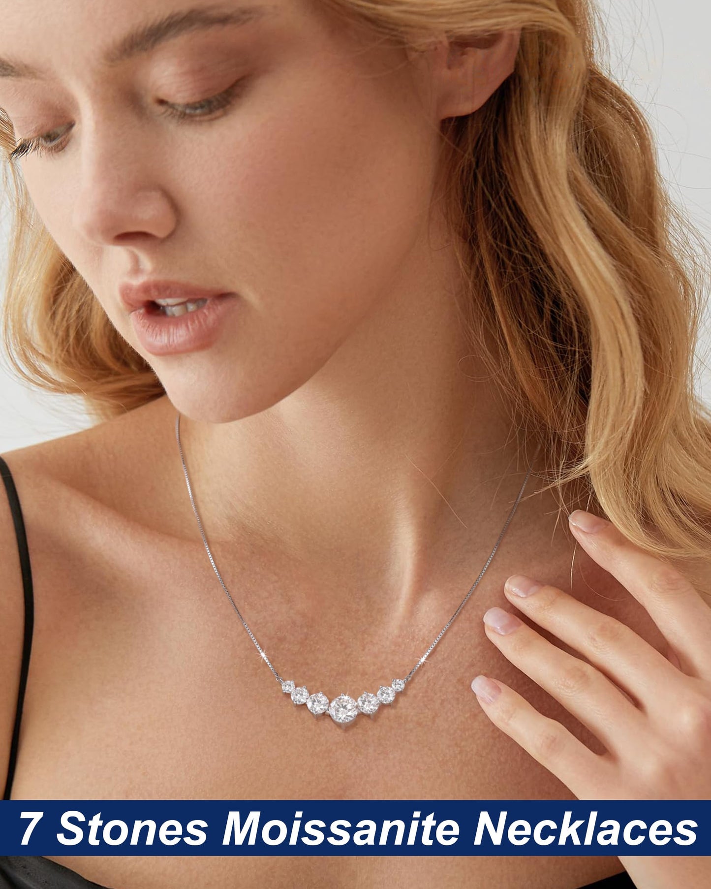 Moissanite Pendant Necklace for Women, 1.7 Carat 7Stones Moissanite Pendant Necklace 18k White Gold Plated Sterling Silver Smile Necklaces 16.5+2.5 inch Adjustable Box Chain Jewelry Gifts for Mom Wife