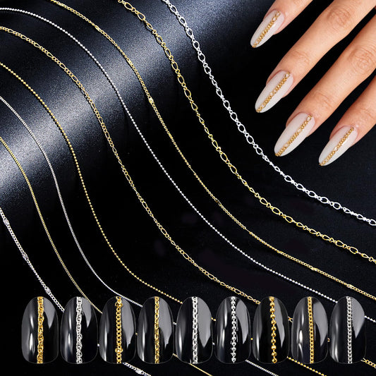 JERCLITY 9 Strips 19.7in Gold Silver Nail Chains for Nail Art 3D Gold Silver Nail Charms Metal Nail Art Chains Punk Nail Charms Accessories for Women Nail Art