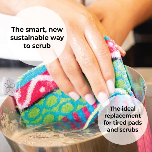 Skoy Scrub, 4-Pack Reusable, Non-Scratching Dish Scrubber for Kitchen and Household Cleaning, Planet-Friendly, Dishwasher Safe Soft Scrub, Assorted Colors and Designs