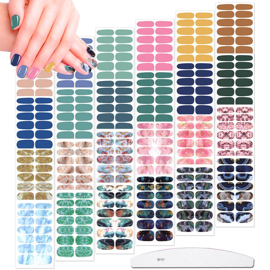 JERCLITY 336 Pieces 24 Sheets Women's Full Wrap Marble Nail Polish Strips Stickers Self-Adhesive Solid Color Gel Nail Strips Decals with Nail File for Women Girls Nail Decorations (Classic Style)