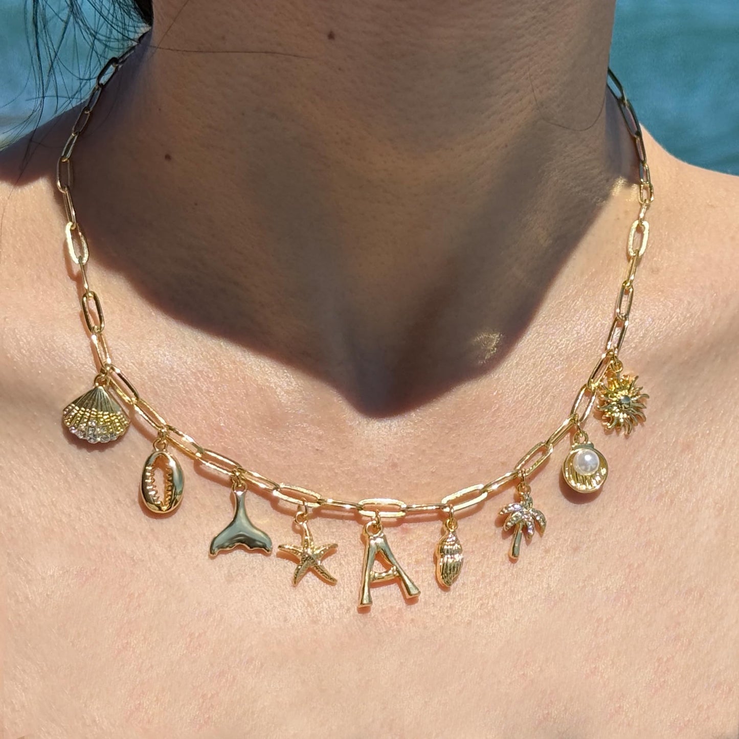 JALZEMPL Initial Charm Necklaces For Women Shell Letter Paperclip Chain Seashell Starfish Beach Summer Pendant Boho Surfer 14K Gold Plated Jewelry Gift (T)