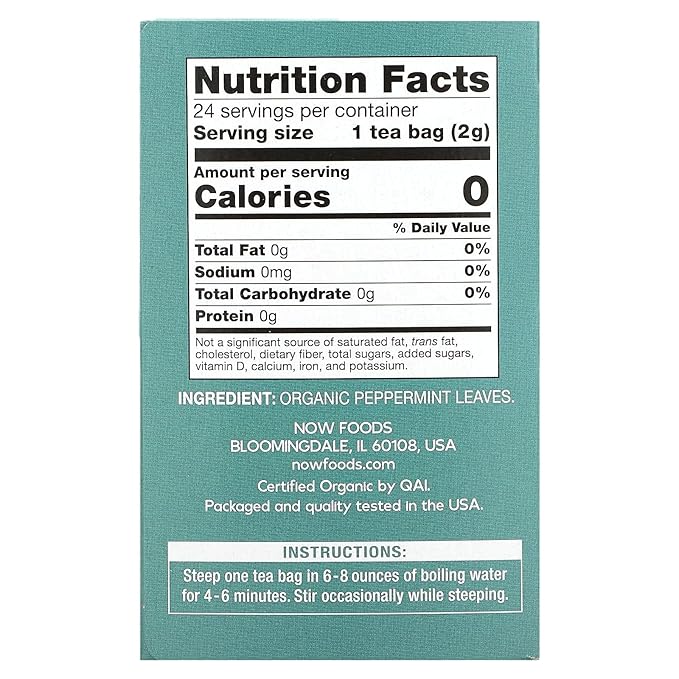 Organic Peppermint Tea, Caffeine Free, 24 Tea Bags, 1.7 oz (48 g), NOW Foods