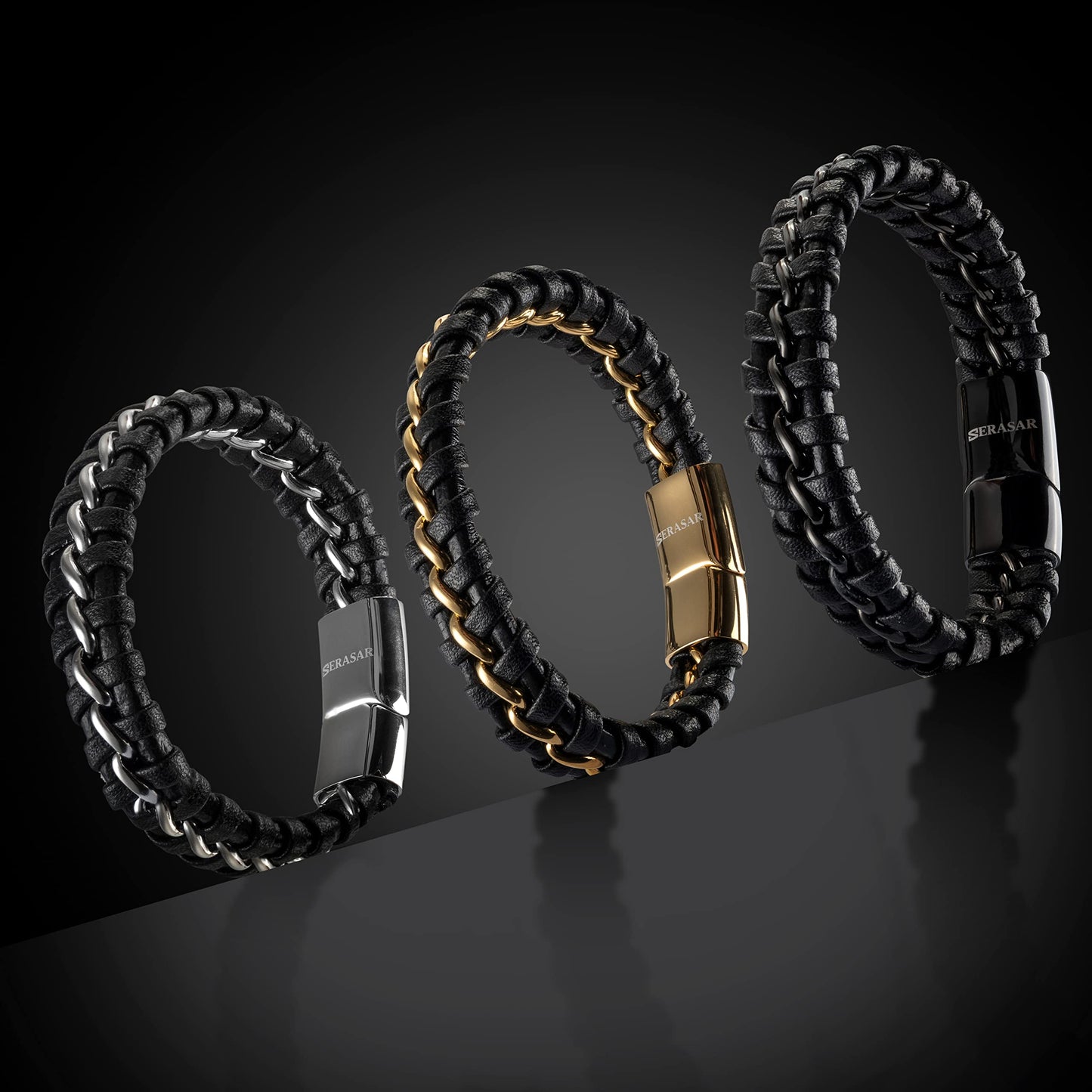 SERASAR Mens Bracelets 23cm Black Bracelet Men Gift Box Genuine Leather Cowhide Braided Magnetic Clasp Multi Layer Wrap Rope Man Mans Male Band Jewelry Magnet Accessories