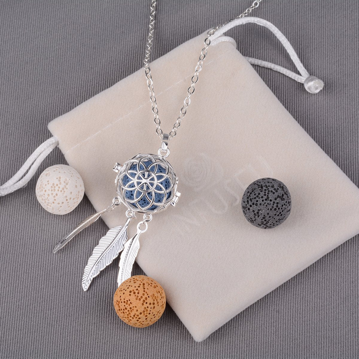 INFUSEU Dreamcatcher Necklace Aromatherapy Gifts Essential Oil Diffuser Lava Rock Stone Pendant Native American Indian Jewelry for Women Dream Catcher Feather Spiritual Meditation Items