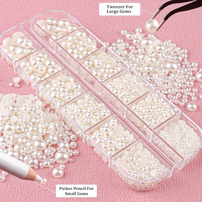Belleboost Flat Back Pearls Kits 2 Boxes of Flatback Beige Half Round Pearls with Pickup Pencil and Tweezer for Home DIY and Professional Nail Art, Face Makeup and Craft