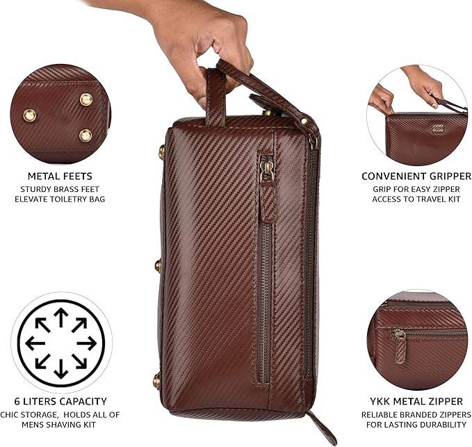 LEATHER VILLAGE Premium Carbon Fiber Genuine Leather Travel Toiletry Bag - Large Compact Dopp Kit, Water-Resistance Shaving & Cosmetic Organizer for Men & Women - Brown
