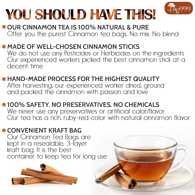 TOG999, Premium 25 Tea Bags - Special Cinnamon Tea, 100% Natural & Pure, Herbal Tea. Cinnamon Stick Herbal Spice
