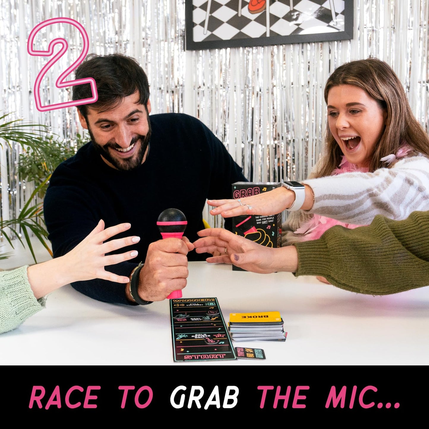 Lucky Egg Official Grab The Mic – Family Karaoke Board Game, 8+ Year Olds, 2-10 Players - Games for Bad Singers with 250 Lyrics (125 Cards) for Hilarious Game Nights & Birthday Party, Kids Gift